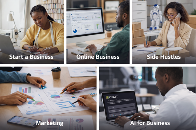 Business guides categories South Africa including starting a business, online business, side hustles, marketing and AI