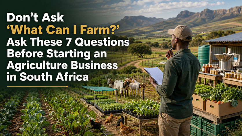 Aspiring South African agricultural entrepreneur planning a diversified small farm with vegetables, chickens, goats, seedlings and packaged produce.
